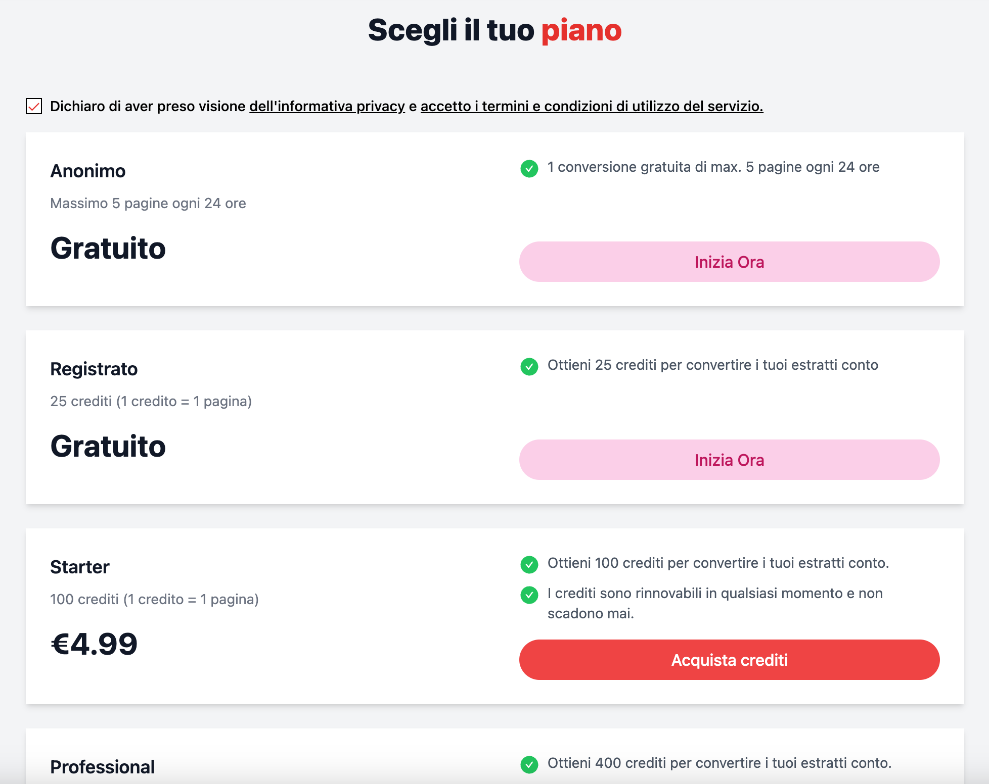 Pagina di pricing