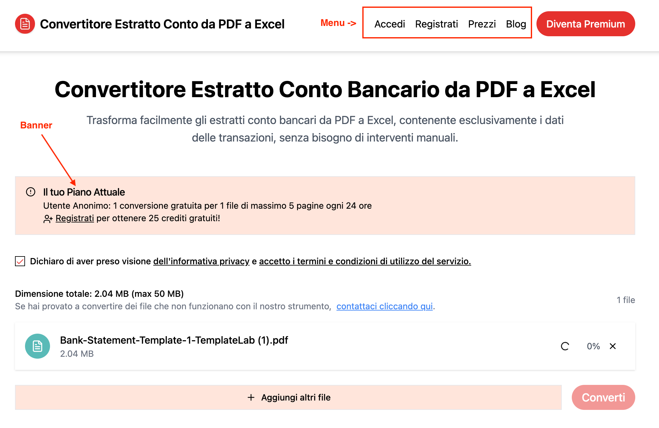 Banner mostrato dal convertitore all’utente anonimo che sta effettuando la conversione